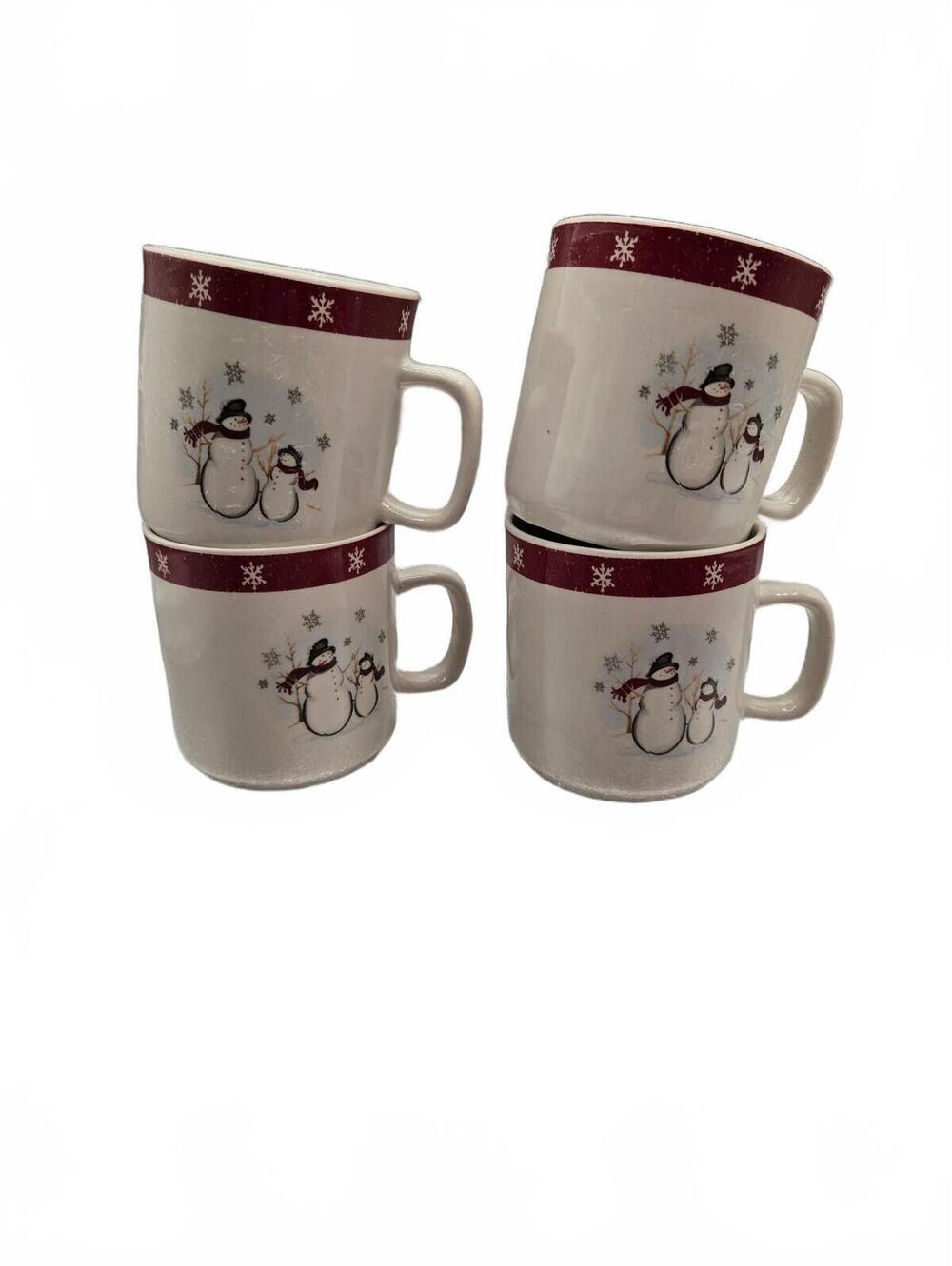 Set of 4 Royal Seasons Snowman Ceramic Coffee Mugs with Burgundy Snowflake Trim
